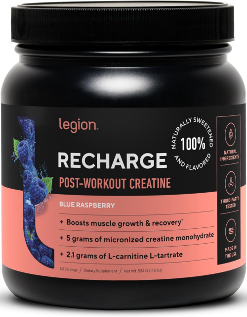 Recharge Post Workout Supplement - All Natural Muscle Builder & Recovery Drink With Micronized Creatine Monohydrate. Naturally Sweetened & Flavored, Safe & Healthy. (Blue Raspberry, 60 Serving)